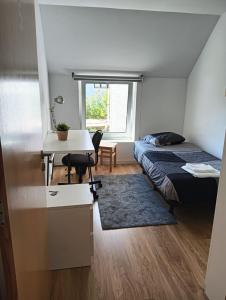 a bedroom with a bed and a desk and a desk at Casa das Camélias Garden Guesthouse in Aveiro