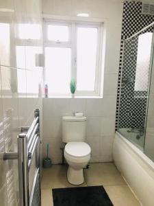 a bathroom with a toilet and a window and a tub at Hagley Road West House in Birmingham