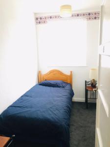 a bedroom with a blue bed and a window at Hagley Road West House in Birmingham