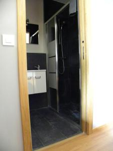 y baño con ducha y puerta de cristal. en Casa Do Ferreiro - La Fragua en Las Herrerías