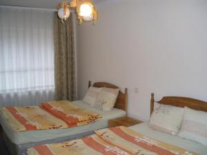 a bedroom with two beds and a window at Marijos Karpenko Apartaments in Kaunas