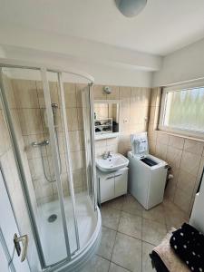 バラトンセペズドにあるDomi ház - Panoráma Nyaralóのシャワーと洗面台付きのバスルーム