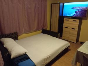 a bedroom with a bed and a flat screen tv at Летний дом у моря in Jūrmala
