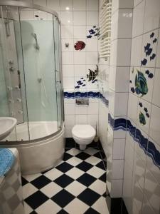Un baño con ducha, inodoro y lavabo. en Spokojne w samym centrum, en Wroclaw 13 fotos más