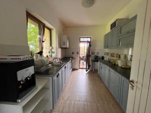 a kitchen with gray cabinets and black counter tops at Pensiunea Casa Copou in Iaşi