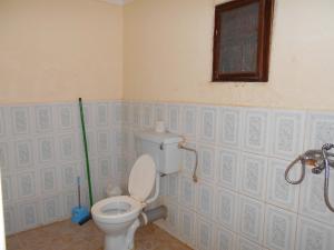 a bathroom with a toilet with a mop and a window at Panorama Cottages in Kalangala