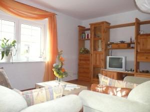 a living room with a couch and a tv at Landurlaub in Schiebsdorf in Kasel-Golzig