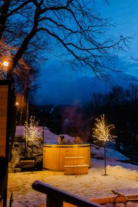 希维拉杜夫-兹德鲁伊Apartamenty Larice balia, sauna, morsowanie w basenie的夜间有雪覆盖的公园,有圣诞灯