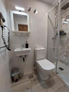 łazienka z toaletą, umywalką i prysznicem w obiekcie Habitaciones Universal w Madrycie