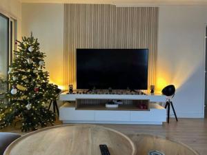 ein Wohnzimmer mit einem Weihnachtsbaum und einem TV in der Unterkunft Bel appartement familial proche Versailles in Vélizy-Villacoublay + 4 Fotos