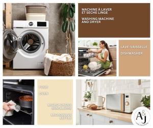 eine Collage aus Bildern einer Küche mit einer Waschmaschine in der Unterkunft Bel appartement familial proche Versailles in Vélizy-Villacoublay