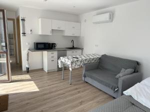 a living room with a couch and a table and a kitchen at Domki Pasieka Domek C in Przeczyce