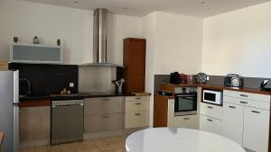 a kitchen with stainless steel appliances and a table at Maison Familiale Les hirondelles in Magalas +21 photos