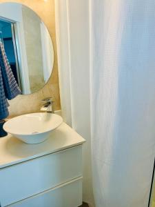 ein Badezimmer mit einem weißen Waschbecken und einem Spiegel in der Unterkunft Roosevelt Corner By The Ocean in Hollywood