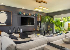 a living room with a couch and a tv at Beachfront 3BD Luxury Villa with full hotel access in Cabarete