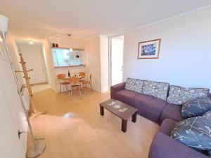 a living room with a purple couch and a table at Bellavista Cozy Apartment in Santiago