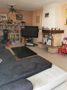 Una sala de estar con una cama y un televisor. en Villa dans le Sud, en Lunel