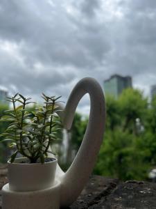 a white sculpture of a heart next to a potted plant at Lovely Entire Flat with Private Balcony in Euston-Central London in London