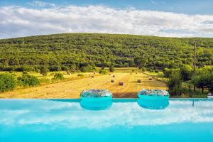 een zwembad met uitzicht op een veld en een heuvel bij Villa 'Stone Garden' - Private Heated Pool & Outdoor Cinema in Trilj