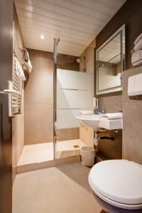a bathroom with a shower and a toilet and a sink at Kyriad Montbeliard Sochaux in Montbéliard