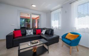 een woonkamer met een zwarte leren bank en een blauwe stoel bij Awesome Home In Sveti Lovrec Labinski in Diminići