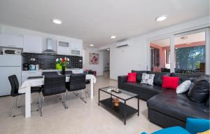 een woonkamer met een zwarte bank en een keuken bij Awesome Home In Sveti Lovrec Labinski in Diminići