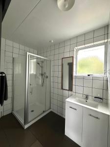 a bathroom with a shower and a sink at Central Court Motel in Whangarei