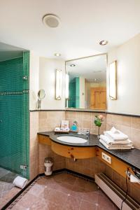 une salle de bain avec un lavabo, une douche et un miroir dans l'établissement Waldhaus Reinbek, à Reinbek