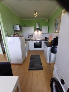a kitchen with white appliances and green walls at SUITE Top View & City Alex 4 rooms 2 bathrooms 1 kitchen in Berlin