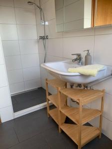 a bathroom with a sink and a shower at Haus Elstar in Bodman-Ludwigshafen