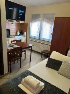 a kitchen and dining room with a table and a dining room gmaxwell gmaxwell gmaxwell gmaxwell at Apartment studio Rosi 1, with free public parking in a quiet location in Pula