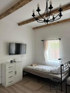 a bedroom with a bed and a tv and a chandelier at Relax Vendégház Tisza-tó in Poroszló