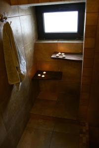 a bathroom with a shower with a television on the wall at Guesthouse KaraIvan in Arda