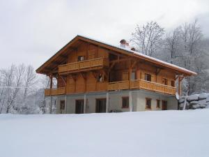 a log cabin in the snow with at Chalet des Cascades in Sixt