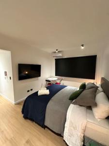 a bedroom with a large bed and a flat screen tv at Downtown Suite Self Check In in Buenos Aires