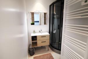 a bathroom with a sink and a shower and a mirror at Appartement dans maison d'architecte avec terrasse in Saint-Lunaire +17 photos