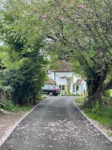 eine Straße mit einem Auto, das an der Seite eines Hauses geparkt ist in der Unterkunft Thimble Cottage in Buckinghamshire