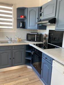 a kitchen with blue cabinets and a sink at L'Escapade Gite cosy avec SPA et mini ferme in Domvast