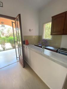 una cucina con bancone, finestra e porta di Hestia Greekgod Apartments a Sidari Altre 5 foto
