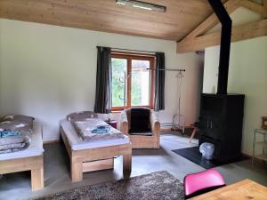 SuschにあるB&B im Ökohof in Suschのソファと暖炉のあるリビングルーム