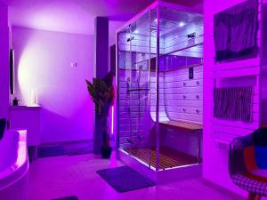 a pink bathroom with a walk in shower in a room at La bulle cathédrale SPA - SAUNA - HAMMAM - CHAMPAGNE in Troyes +16 photos