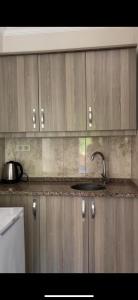a kitchen with a sink and wooden cabinets at FA-BA Apart Otel in Çamlıhemşin