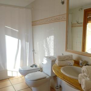 a bathroom with a toilet and a sink and a mirror at Hostal Tastavins in Peñarroya de Tastavins