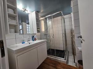 a white bathroom with a shower and a sink at Lycabettus Urban Elegance by YHA in Athens +13 photos