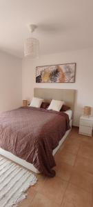 ein Schlafzimmer mit einem Bett mit einer braunen Decke in der Unterkunft Casa del Amanecer in Lajares