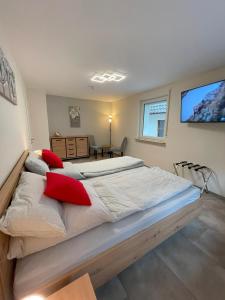 a bedroom with a large bed with red pillows at Bonnavista Ferienwohnungen in Großheubach