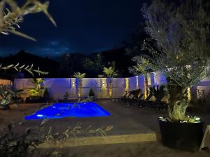 オルショバにあるKaleh Boutique Villaの夜の庭にある青いライトのついたフェンス