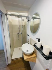 Un baño blanco con lavabo y ducha. en Superbe Loft 2 niveaux Comédie Gare, en Montpellier