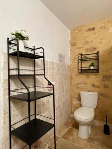 a bathroom with a toilet and a black shelf at La Chartreuse de Tom in Saint-Aubin-de-Nabirat