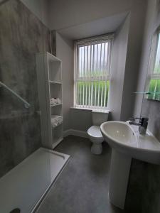 a white bathroom with a sink and a toilet at Little Bay View in Oban